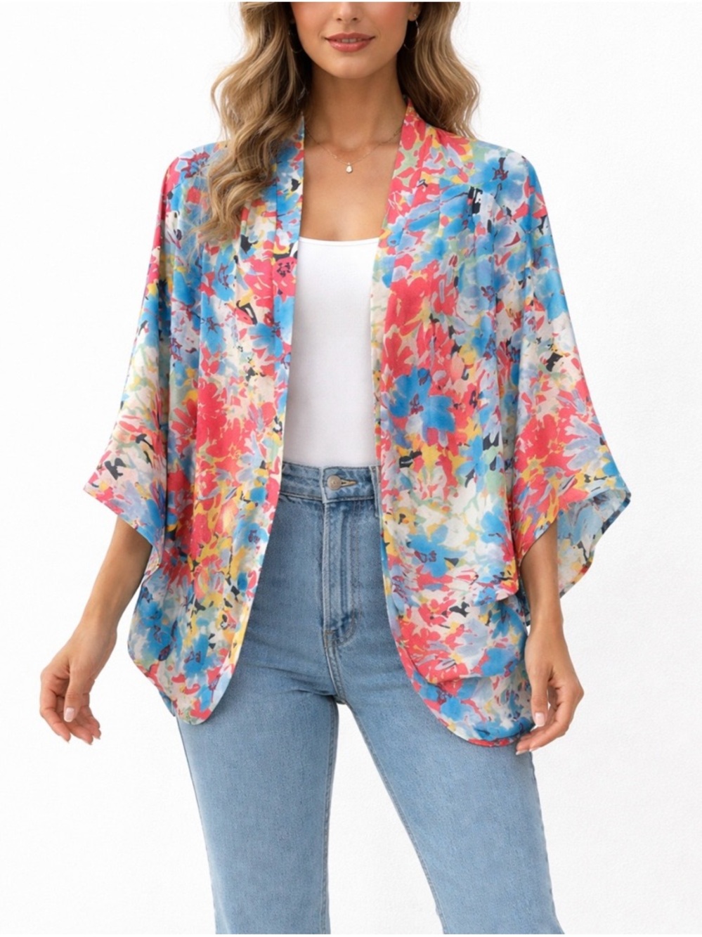 Honey Punch Vibrant Watercolor Floral Kimono Jacket